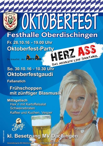 Party Flyer: Oktoberfest-Party mit Herz-Ass am 28.10.2016 in Oberdischingen